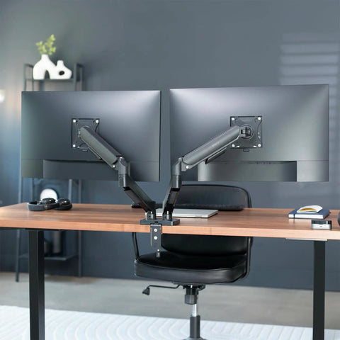 Dual Monitor Stand With Fully Adjustable Arms For 17 To 32 Inch Screens, Mechanical Articulating Desk Mount For Gaming And Office Setups