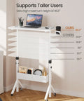 Mobile Standing Desk With Wheels, Height Adjustable From 28.3 To 46.3 Inches, White desk with support details in home office.