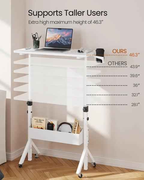 Mobile Standing Desk With Wheels, Height Adjustable From 28.3 To 46.3 Inches, White desk with support details in home office.