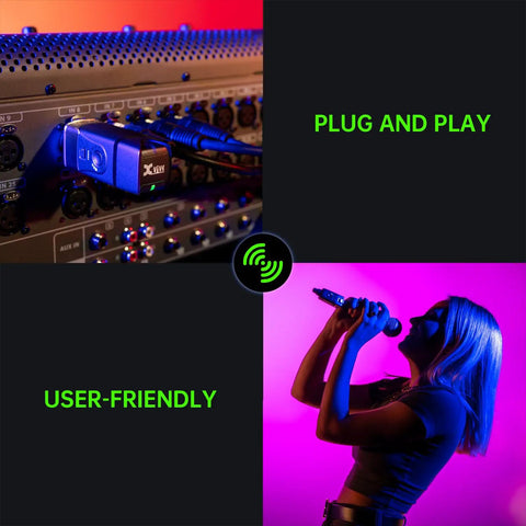 Collage showing 2.4GHz Wireless Microphone System With XLR Transmitter And Receiver for dynamic mics with user holding microphone.