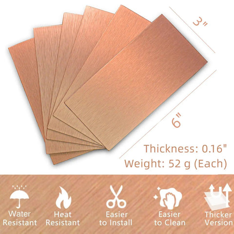 Copper Aluminum Peel And Stick Backsplash Tiles 3x6 Inches Brushed Copper Finish 80 Pack with thickness and weight details
