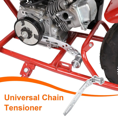 Universal Minibike Chain Tensioner With Roller Bracket Replacement For Coleman CT200U mounted on minibike frame close-up