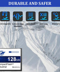 Heavy Duty 128Mb Compact Flash Memory Card Type I FAT16 Industrial Grade CF Card with durability icons for extreme conditions.