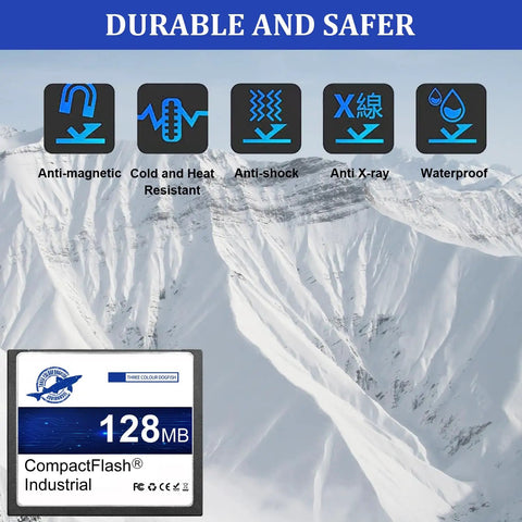 Heavy Duty 128Mb Compact Flash Memory Card Type I FAT16 Industrial Grade CF Card with durability icons for extreme conditions.
