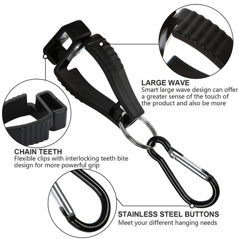 Close-up of black glove grabber clip with interlocking teeth, keyring, and carabiner. 20 Pack Glove Clips For Belt Loops in black and orange.