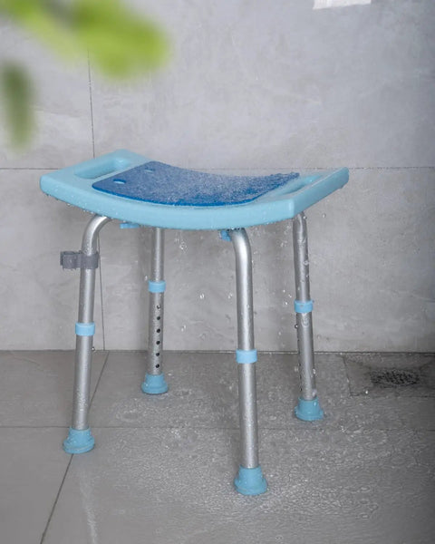 Adjustable Shower Chair For Inside Shower No Fuss Setup Heavy Duty Bath Seat With 350 Lb Capacity Tool Free Assembly Senior And Elderly Bath Stool For Disabled Aluminum Leg Frame in bathroom with water droplets on seat