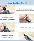 Instructions for replacing accessories on Cordless Rotary Tool Kit With 6 Speed Settings And 24 Accessories For Sanding Polishing Drilling Engraving And DIY Crafts Rechargeable 3.7V Mini Multi Tool For Home Projects And Workshop