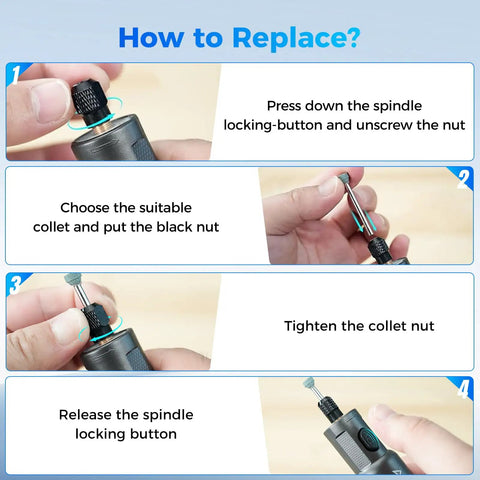 Instructions for replacing accessories on Cordless Rotary Tool Kit With 6 Speed Settings And 24 Accessories For Sanding Polishing Drilling Engraving And DIY Crafts Rechargeable 3.7V Mini Multi Tool For Home Projects And Workshop