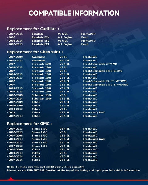 Compatibility chart for Front Wheel Bearing And Hub Assembly Six Lug With ABS for 2007-2014 GM vehicles