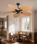 52-Inch Tropical Palm Leaf Ceiling Fan (No Light) with hand-woven rattan blades in a cozy kitchen setting.