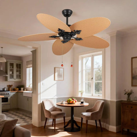 52-Inch Tropical Palm Leaf Ceiling Fan (No Light) with hand-woven rattan blades in a cozy kitchen setting.