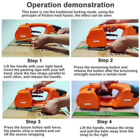Operation demonstration of No Sweat Hand Held Electric Strapping Machine With 6000Mah Battery Powered Heat Welder for PP Tape.