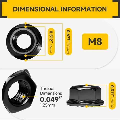 M8 Serrated Flange Hex Nuts 304 Stainless Steel 100 Pack With Hex Drive 13mm Flange Diameter 17.2mm Black Oxide Hardware Nuts 1.25mm Pitch Ideal For Auto And Home Improvement And DIY Projects And Repairs, dimension chart