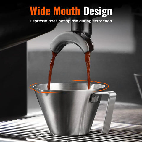 Two Piece Stainless Steel Espresso Cups With Handles And A Pro Pour Double Spout Measuring Cup With Dual Scale V Shaped Mouth For Drip Free Espresso Shots 3.4 Oz 100 Ml Silver