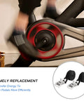 Two Pack Bicycle Pedal Toe Straps For Mountain, Road, Spin And MTB Bikes With An Adjustable Steel Buckle, shown next to a spinning bike pedal.