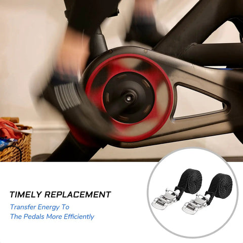 Two Pack Bicycle Pedal Toe Straps For Mountain, Road, Spin And MTB Bikes With An Adjustable Steel Buckle, shown next to a spinning bike pedal.