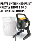 Professional HEA Airless Paint Sprayer That Slashes Overspray And Delivers A Hella Smooth Finish On Walls Decks And Fences With Adjustable Pressure Controls And Fast Cleanup For Diy Crews Who Want Serious Quality Without The Hassle, with 1 and 5 gallon bucket feeding system.