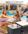 Group enjoying drinks with 80 Quart Rolling Patio Cooler Cart With Blackboard, Built In Bottle Opener by poolside during a party.
