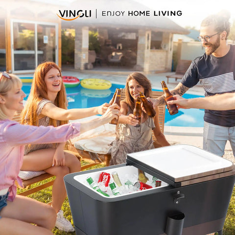 Group enjoying drinks with 80 Quart Rolling Patio Cooler Cart With Blackboard, Built In Bottle Opener by poolside during a party.