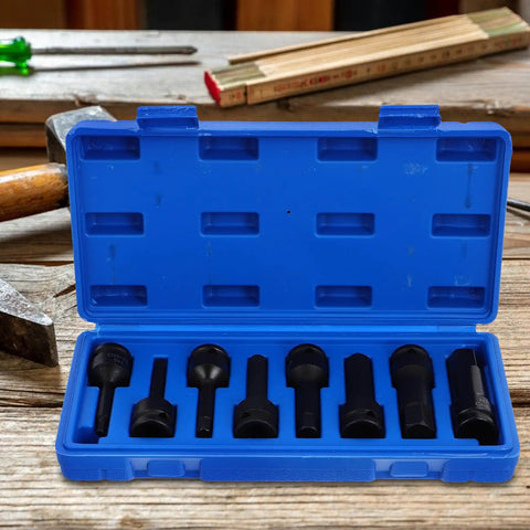 Kick Up Your Game With This 1/2 Inch Drive Hex Impact Socket Set That Comes With An Air Ratchet Wrench And Extension Adapter Perfect For Heavy Duty Auto Repair Jobs Where You Need Serious Torque To Flip Tough Bolts Without Breaking A Sweat. blue plastic case with black hex impact sockets for auto repair