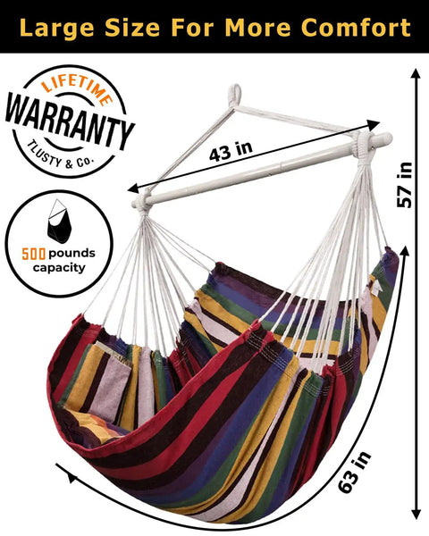 Oversized Hammock Chair With Rope Swing And Two Cushions, 500 Lb Capacity For Indoor Outdoor Relaxation, Rainbow, side view