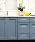30 Pack Brushed Nickel Five Bar Curved Cabinet Pulls Arch Handles For Kitchen Cabinets, Six Inch Overall Length on blue cabinets