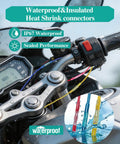 Pro Grade 300Piece Heat Shrink Butt Wire Connectors Kit installed on motorcycle with red, blue, yellow wires, waterproof feature