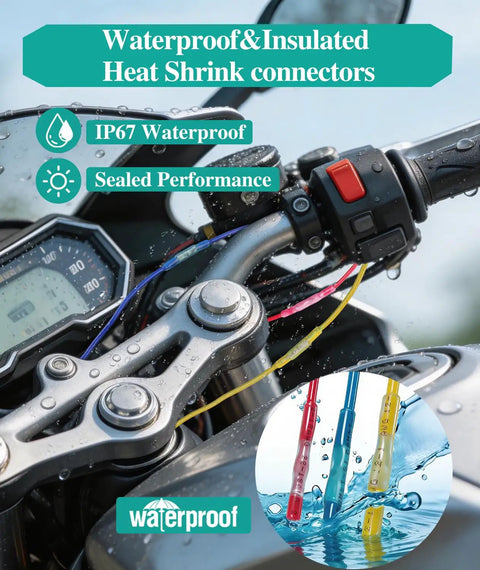 Pro Grade 300Piece Heat Shrink Butt Wire Connectors Kit installed on motorcycle with red, blue, yellow wires, waterproof feature