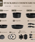 Nonstick Pots And Pans Set For RV Living 20 Pack Stackable Cookware With Detachable Handles shown with all components.