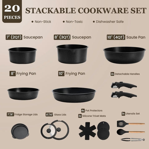 Nonstick Pots And Pans Set For RV Living 20 Pack Stackable Cookware With Detachable Handles shown with all components.