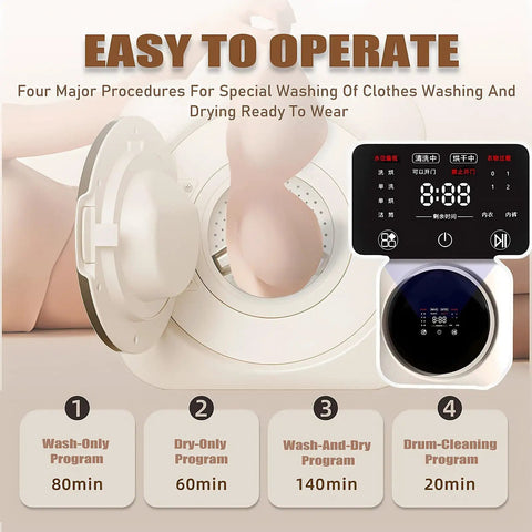 Hella Compact Two In One Washer And Dryer Combo With Bright Lcd Panel showing manual with washing program times and operation instructions.