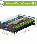 Vertuo Capsule Holder Drawer For Nespresso With Glass Top And Cabinet Storage Rack showing 40 pods, four columns, dimensions labeled.