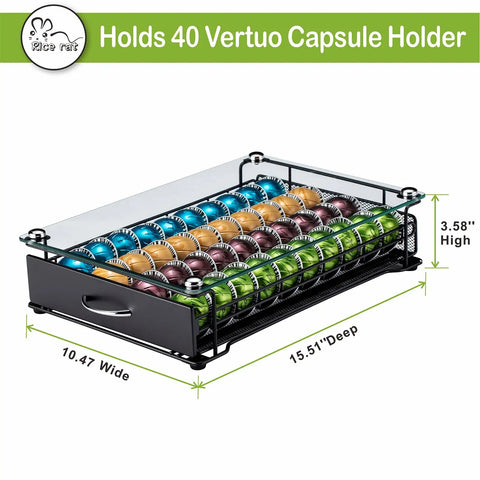 Vertuo Capsule Holder Drawer For Nespresso With Glass Top And Cabinet Storage Rack showing 40 pods, four columns, dimensions labeled.