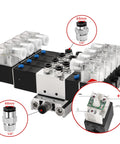 Beefy 4V230C-08 Solenoid Pneumatic Valve 5 Way 3 Position Internally Piloted, 24V DC Coil with fittings and manifold base