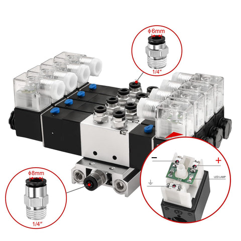 Beefy 4V230C-08 Solenoid Pneumatic Valve 5 Way 3 Position Internally Piloted, 24V DC Coil with fittings and manifold base