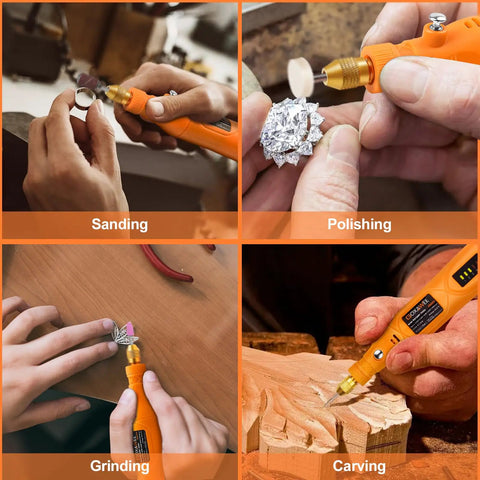 Hella Precise Mini Cordless Rotary Tool Kit With 105 Pieces Variable Speed Micro Drill Grinder For Wood Metal Carving And Smooth Operator Power Accessories Set in use for sanding, polishing, grinding, and carving tasks.