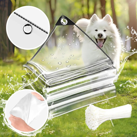 Heavy Duty Clear 8 By 10 Foot Tarp With Grommets And Cable Tie, 11.8 Mil PVC Tarpaulin shown in garden with dog