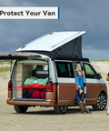 Van on a beach with open trunk, showcasing the 125dB Motion Sensor Alarm With Remote, ideal for van security and peace of mind protection.