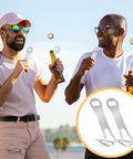 Two men using Two Pack V Rod Bottle Opener Set For Bartenders And Home Bar, displayed with two stainless steel openers.