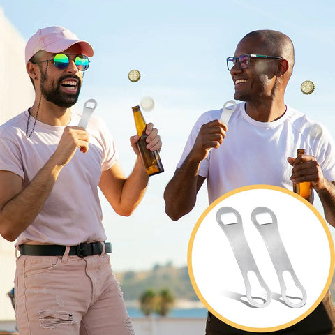 Two men using Two Pack V Rod Bottle Opener Set For Bartenders And Home Bar, displayed with two stainless steel openers.