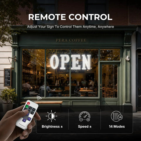 40 Inch By 14 Inch LED Open Sign With Remote Control displayed at cafe front, showcasing brightness and control icons.