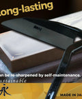 Close-up of Nejiri Gama Hand Hoe Weeding Sickle with 9.8 inch stainless steel blade, shown on sharpening stone.