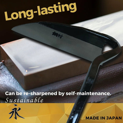 Close-up of Nejiri Gama Hand Hoe Weeding Sickle with 9.8 inch stainless steel blade, shown on sharpening stone.