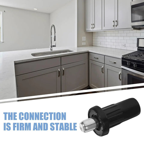 Plastic Spring Loaded Cabinet Pins Kit 50 Pack with Iron Core shown beside kitchen cabinets and faucet.