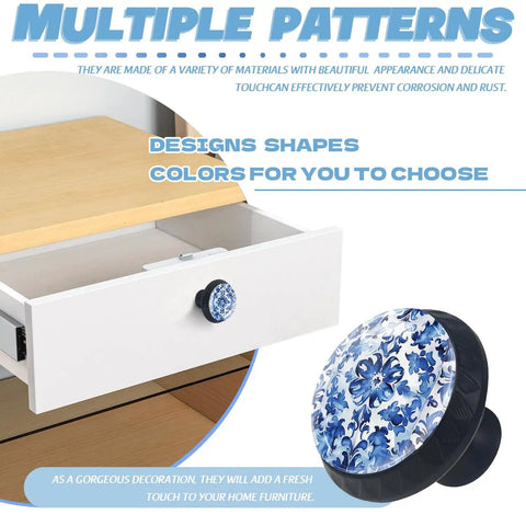 Crystal Glass Cabinet Knobs Set 4 Pack With White Tile Adorned By Blue Floral Swirls Mushroom Style Drawer Pulls For Dresser Kitchen And Bath Dope Home Decor Hardware Screws Included installed on a drawer.