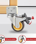 Rock Solid Side Mount Caster Wheels With Brake Set Of Four One Inch L Shaped Swivel Casters for furniture, showing lock mechanism.