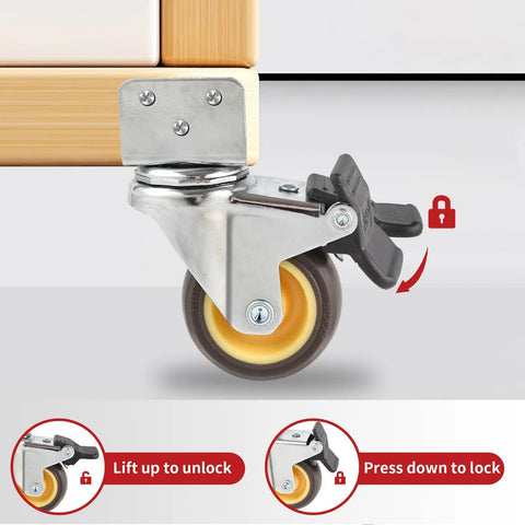 Rock Solid Side Mount Caster Wheels With Brake Set Of Four One Inch L Shaped Swivel Casters for furniture, showing lock mechanism.