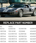 Gray car parked with list of replace part numbers including 4C2A9D372BA and 5L8Z9D370AA shown below.