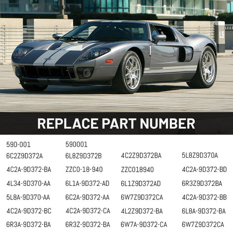 Gray car parked with list of replace part numbers including 4C2A9D372BA and 5L8Z9D370AA shown below.