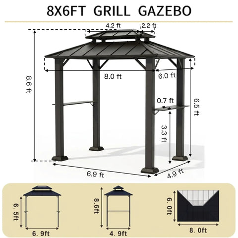 Outdoor Hardtop Grill Gazebo With Galvanized Steel Double Roof And Aluminum Frame, 8x6 ft with Two Side Shelves for BBQs